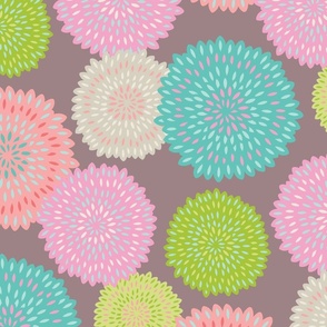 PomPoms Big Bloom Round Cottage Floral Botanical in Pastel Pink Red Blue Green White on Mauve - LARGE Scale - UnBlink Studio by Jackie Tahara