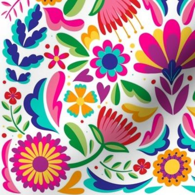 Mexican Floral, Folk Art, Traditional Mexican Floral, Pink Flowers, Purple, Teal, Gold, Bright Flowers