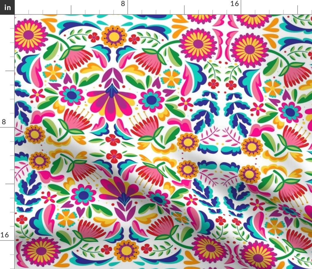 Mexican Floral, Folk Art, Traditional Mexican Floral, Pink Flowers, Purple, Teal, Gold, Bright Flowers