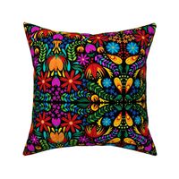 Mexican Floral, Folk Art, Traditional Mexican Floral, Pink Flowers, Purple, Teal, Gold, Bright Flowers on Dark Background