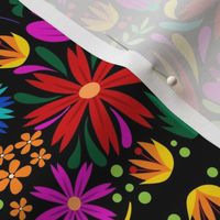 Mexican Floral, Folk Art, Traditional Mexican Floral, Pink Flowers, Purple, Teal, Gold, Bright Flowers on Dark Background