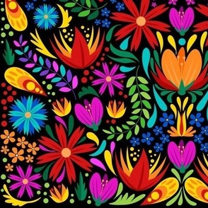 Mexican Floral, Folk Art, Traditional Mexican Floral, Pink Flowers, Purple, Teal, Gold, Bright Flowers on Dark Background