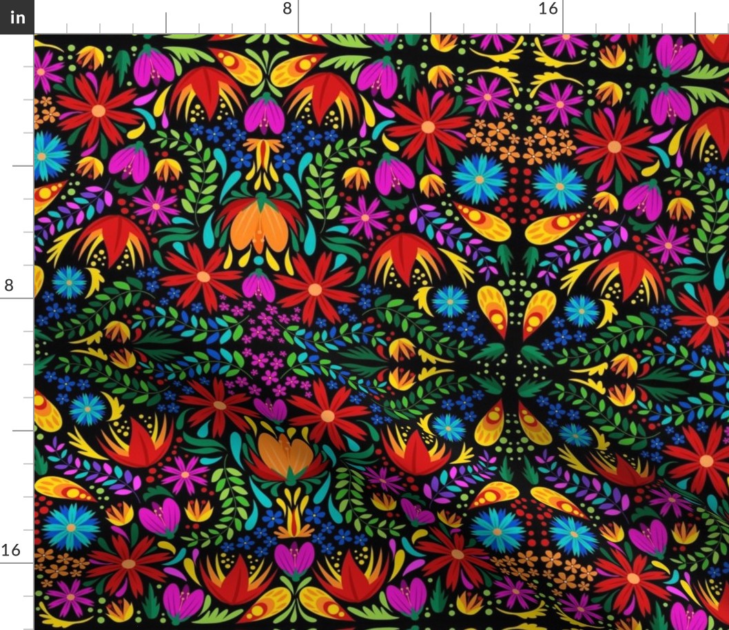 Mexican Floral, Folk Art, Traditional Mexican Floral, Pink Flowers, Purple, Teal, Gold, Bright Flowers on Dark Background