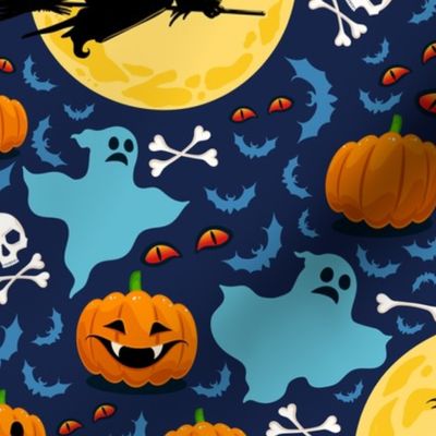 Halloween, Halloween Fabric, Witch,Moon, Bones, Skull, Skull and Crossbones, Pumpkins Bats