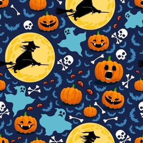 Halloween, Halloween Fabric, Witch,Moon, Bones, Skull, Skull and Crossbones, Pumpkins Bats