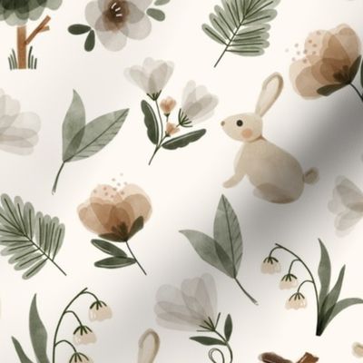 ditsy woodland rabbits with trees and acorns in green and neutral brown - large