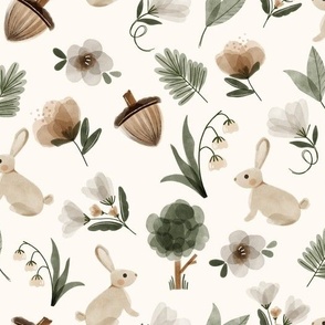 ditsy woodland rabbits with trees and acorns in green and neutral brown - large