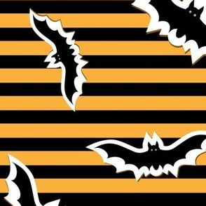 Halloween, Halloween Fabric, Bats on Stripes, Stripe, Orange and Black Stripes
