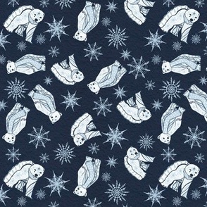 Cosy Cozy polar bear Cubs on navy textured background, tossed