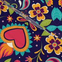 Mexican Floral, Folk Art, Traditional Mexican Floral, Heart on Fire, on Dark Background