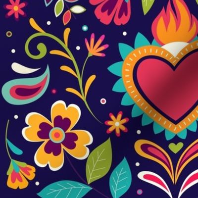 Mexican Floral, Folk Art, Traditional Mexican Floral, Heart on Fire, on Dark Background