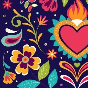 Mexican Floral, Folk Art, Traditional Mexican Floral, Heart on Fire, on Dark Background