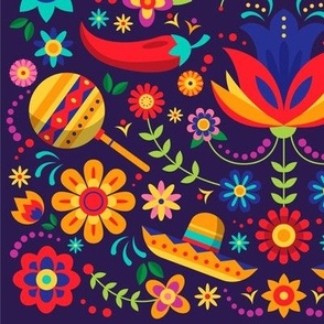 Mexican Floral, Folk Art, Traditional Mexican Floral, Hat, Mexican,Chili Pepper, on Dark Background
