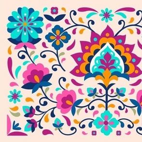  Mexican Floral, Folk Art, Traditional Mexican Pattern on Light Pink