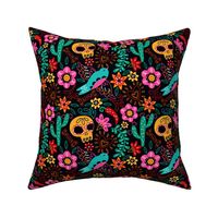  Mexican Floral, Folk Art, Traditional Mexican Pattern. Bright Mexican Floral pattern on Dark Background Sugar Skull