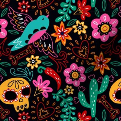  Mexican Floral, Folk Art, Traditional Mexican Pattern. Bright Mexican Floral pattern on Dark Background Sugar Skull