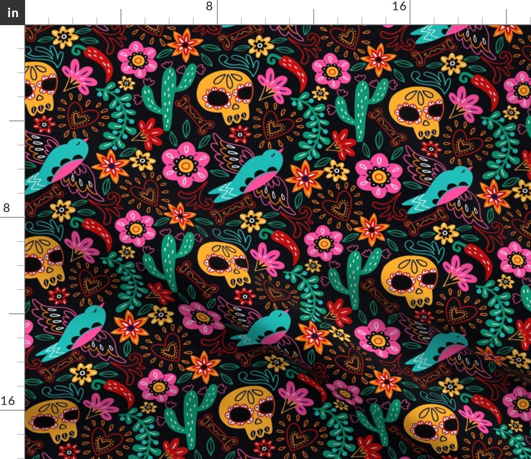  Mexican Floral, Folk Art, Traditional Mexican Pattern. Bright Mexican Floral pattern on Dark Background Sugar Skull