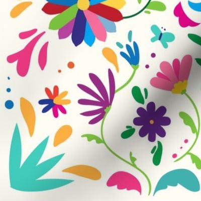  Mexican Floral, Folk Art, Traditional Mexican Pattern. Bright Mexican Floral pattern on Off White Background, Bird