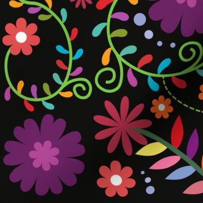 Mexican Floral, Folk Art, Traditional Mexican Pattern. Bright Mexican Floral pattern on Dark Background