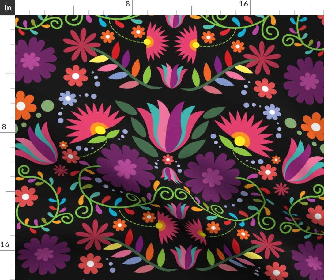 Mexican Floral, Folk Art, Traditional Mexican Pattern. Bright Mexican Floral pattern on Dark Background