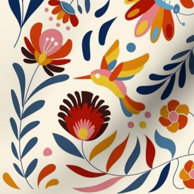 Mexican Floral, Folk Art, Traditional Mexican Pattern. Bright Mexican Floral pattern on White Cream Background