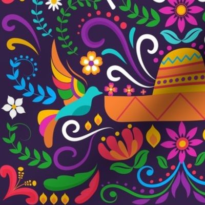 Mexican Floral, Folk Art, Traditional Mexican Pattern. Bright Mexican Floral pattern on White Background, Pink Flowers, Yellow Flowers, Bird, Mexico Music