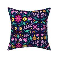 Mexican Floral, Folk Art, Traditional Mexican Pattern. Bright Mexican Floral pattern on White Background, Pink Flowers, Yellow Flowers