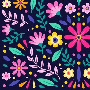Mexican Floral, Folk Art, Traditional Mexican Pattern. Bright Mexican Floral pattern on White Background, Pink Flowers, Yellow Flowers