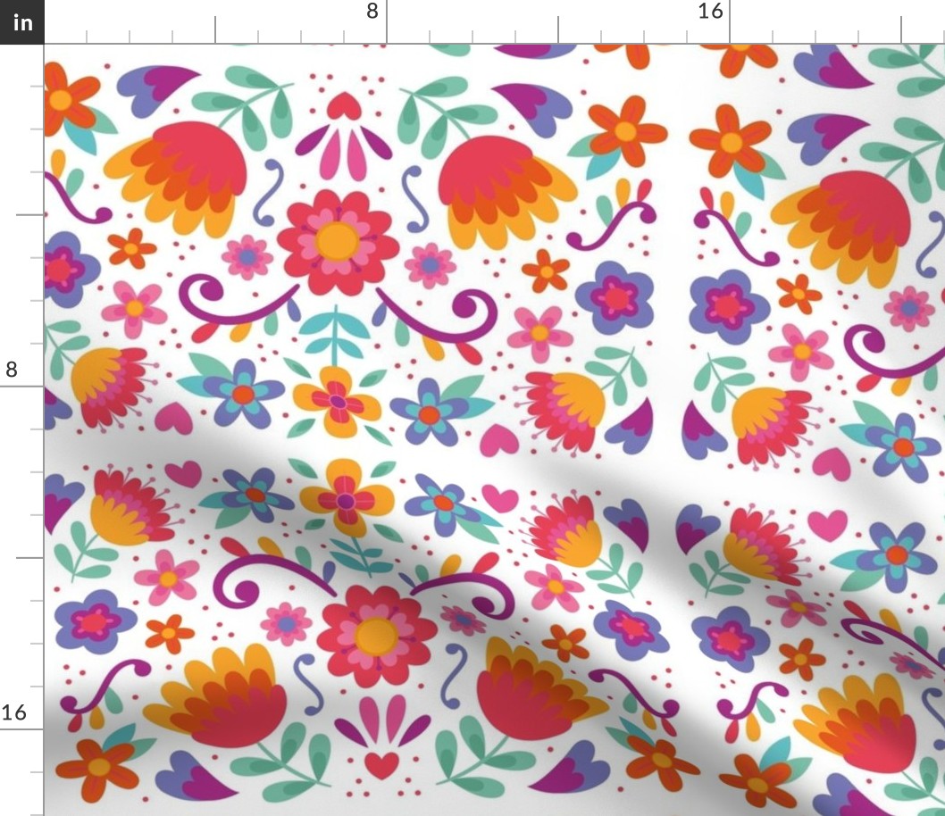Mexican Floral, Folk Art, Traditional Mexican Pattern. Bright Mexican Floral pattern on White Background, Pink Flowers