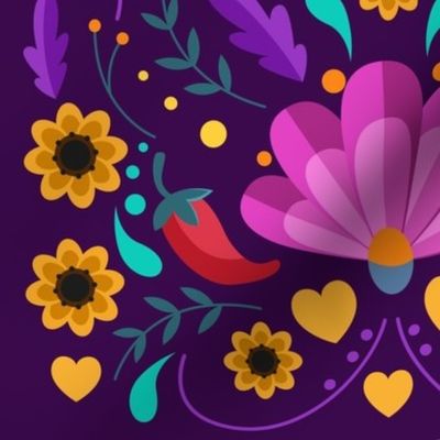 Mexican Floral, Folk Art, Traditional Mexican Pattern. Bright Mexican Floral pattern on Dark Background, Pink Flowers