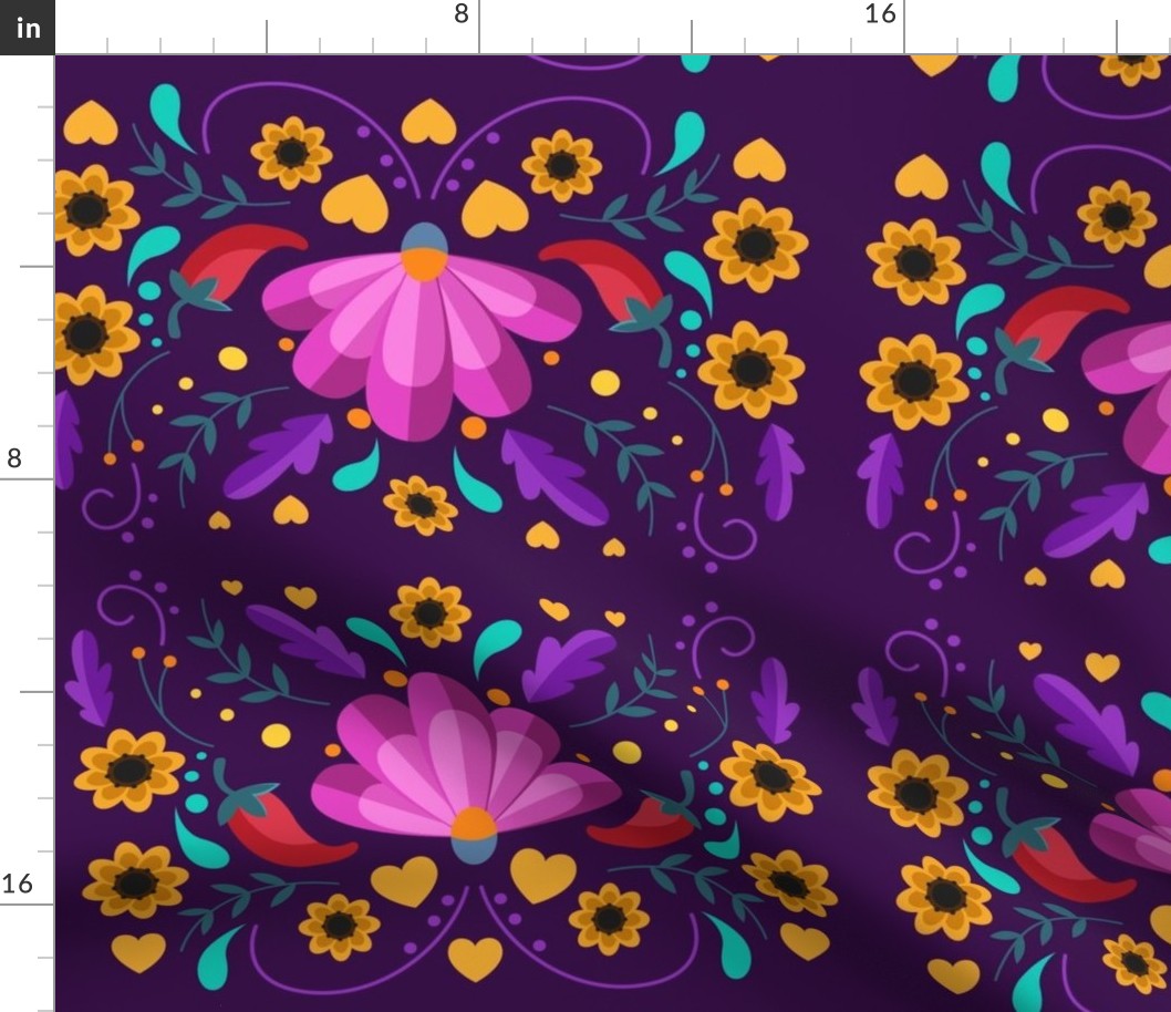 Mexican Floral, Folk Art, Traditional Mexican Pattern. Bright Mexican Floral pattern on Dark Background, Pink Flowers