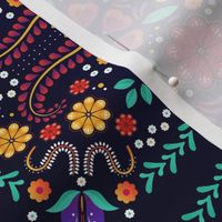 Mexican Floral, Folk Art, Traditional Mexican Pattern. Bright Mexican Floral pattern on Dark Background, Red Flowers, Pink Flowers