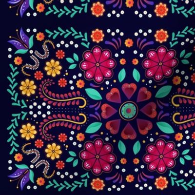 Mexican Floral, Folk Art, Traditional Mexican Pattern. Bright Mexican Floral pattern on Dark Background, Red Flowers, Pink Flowers