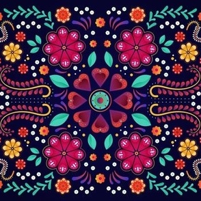 Mexican Floral, Folk Art, Traditional Mexican Pattern. Bright Mexican Floral pattern on Dark Background, Red Flowers, Pink Flowers