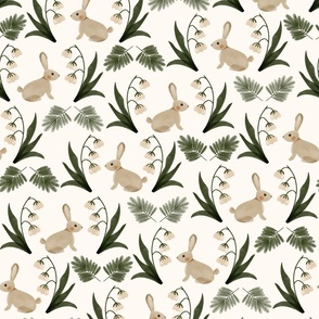 watercolor rabbit with Lily of the valley in beige and forest green