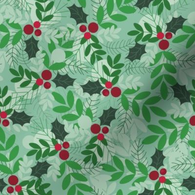 Xmas Holly Plants // Normal Scale //  Light Green Background // Winter Time // Winter Holidays // Light Green // Red Xmas Plants // Cotton //