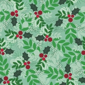 Xmas Holly Plants // Normal Scale //  Light Green Background // Winter Time // Winter Holidays // Light Green // Red Xmas Plants // Cotton //