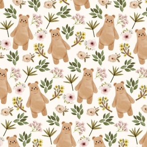 watercolor brown bear with pink and yellow flowers and green leaves