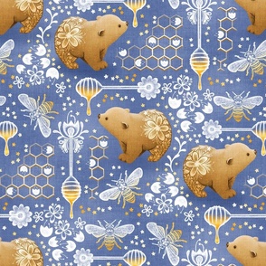 Cute Bear Cub and Bees - cornflower blue 