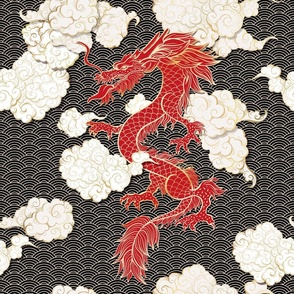  Chinese Dragon with Clouds, Large Scale Seamless Pattern