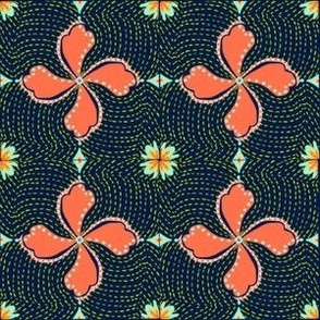 Orange symmetrical flower in tiled background