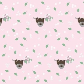 Tiny sloths and flowers on pink