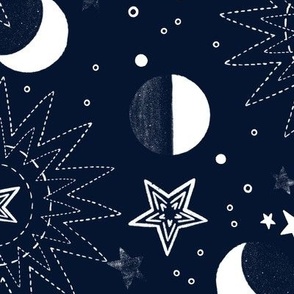 Celestial bodies, many white stars and the moon on a dark blue background