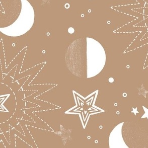 Celestial bodies, many white stars and the moon on a dark beige background