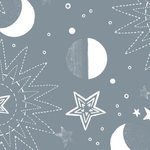 Celestial bodies, many white stars and the moon on a gray background