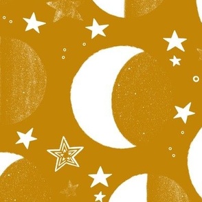Celestial bodies, large white crescent on a dark yellow background