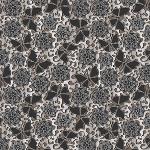 Silver butterflies and silver abstract pattern on a brown background.