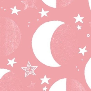 Celestial bodies, large white crescent on a pink background