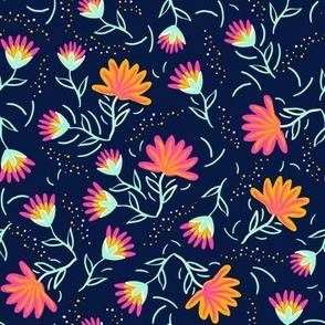 Blooms in Spring - Hot Pink, Marigold and Midnight Blue - 8” Repeat