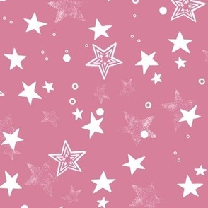 Celestial bodies, many white stars on a dark pink background